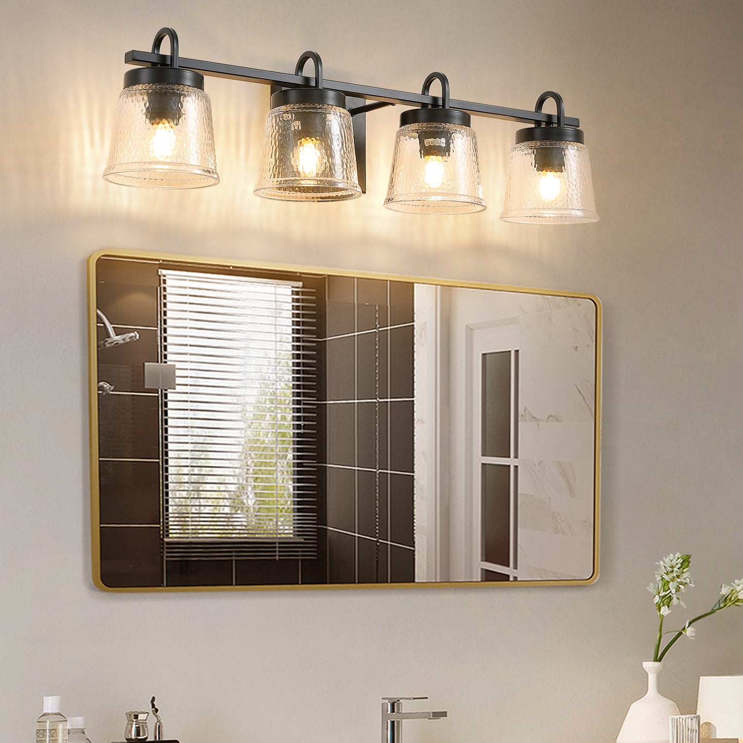30.9in 4-Light Matte Black Vanity Light Dimmable 3-Color with Modern Wavy Glass for Bathroom (Bulbs Not Included)
