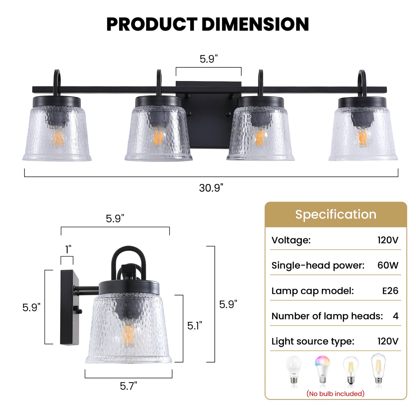 30.9in 4-Light Matte Black Vanity Light Dimmable 3-Color with Modern Wavy Glass for Bathroom (Bulbs Not Included)