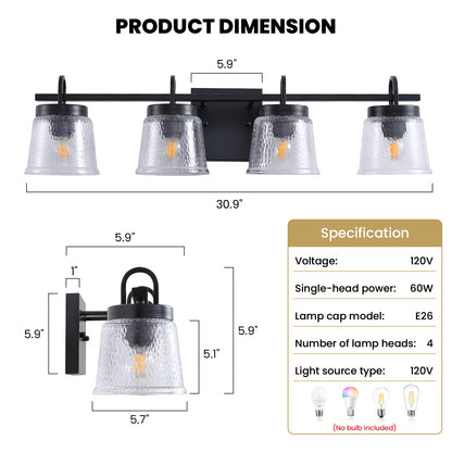 30.9in 4-Light Matte Black Vanity Light Dimmable 3-Color with Modern Wavy Glass for Bathroom (Bulbs Not Included)