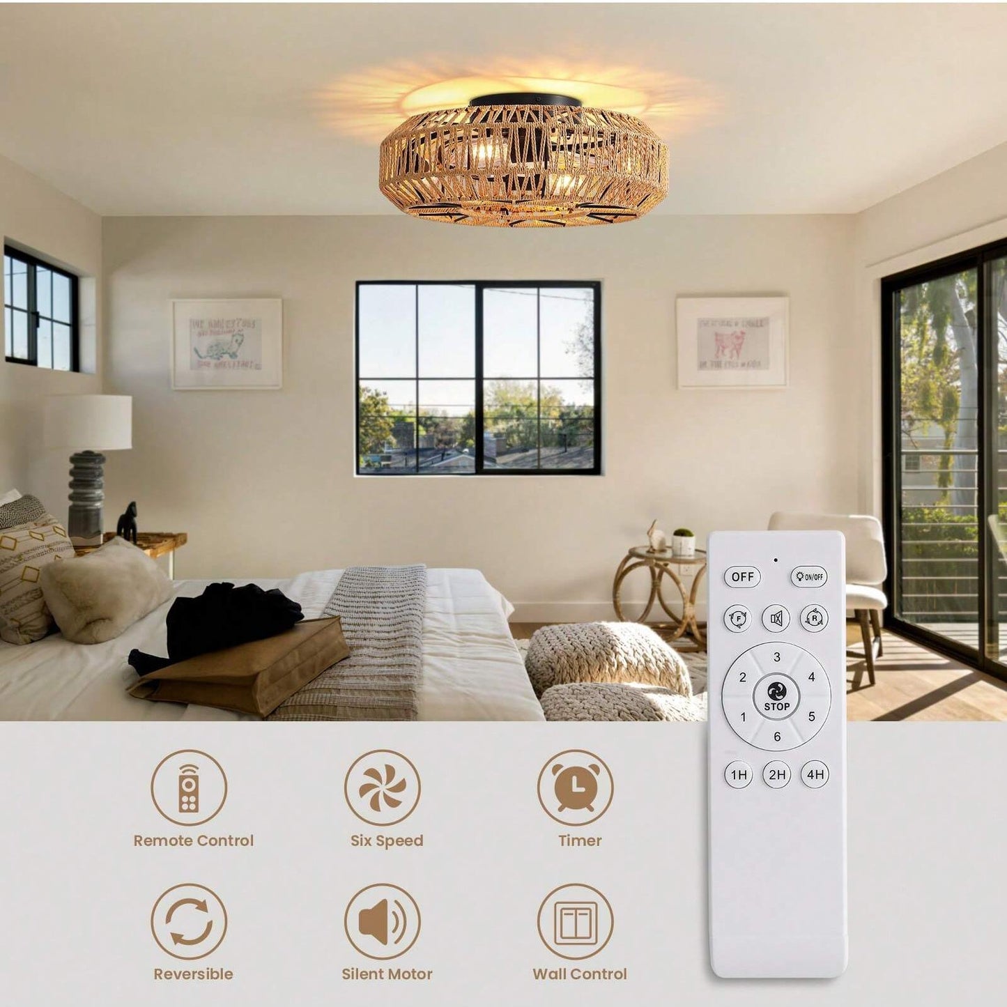 19.3in Rattan Ceiling Fan with 4 Blades & Remote Control(No Bulbs Included)