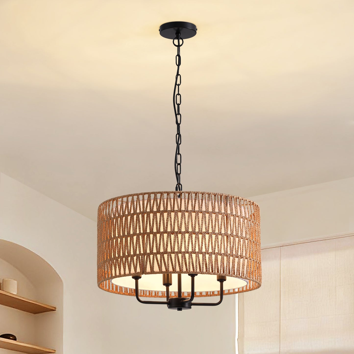 Boho 4 Lights Black Rattan Woven Drum Pendant Light Farmhouse Hanging Chandelier for Dining Room with no bulbs included