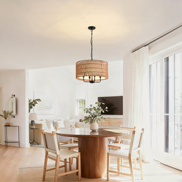 Boho 4 Lights Black Rattan Woven Drum Pendant Light Farmhouse Hanging Chandelier for Dining Room with no bulbs included