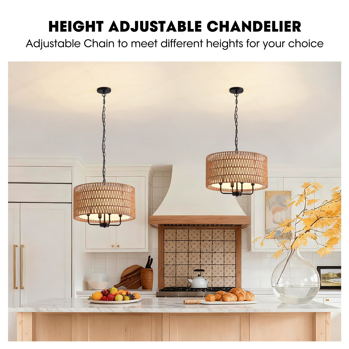 Boho 4 Lights Black Rattan Woven Drum Pendant Light Farmhouse Hanging Chandelier for Dining Room with no bulbs included