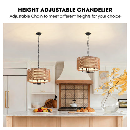 Boho 4 Lights Black Rattan Woven Drum Pendant Light Farmhouse Hanging Chandelier for Dining Room with no bulbs included
