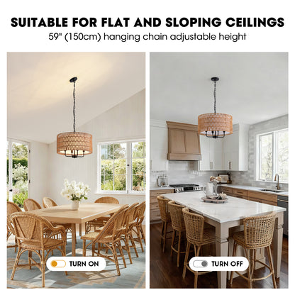 Boho 4 Lights Black Rattan Woven Drum Pendant Light Farmhouse Hanging Chandelier for Dining Room with no bulbs included