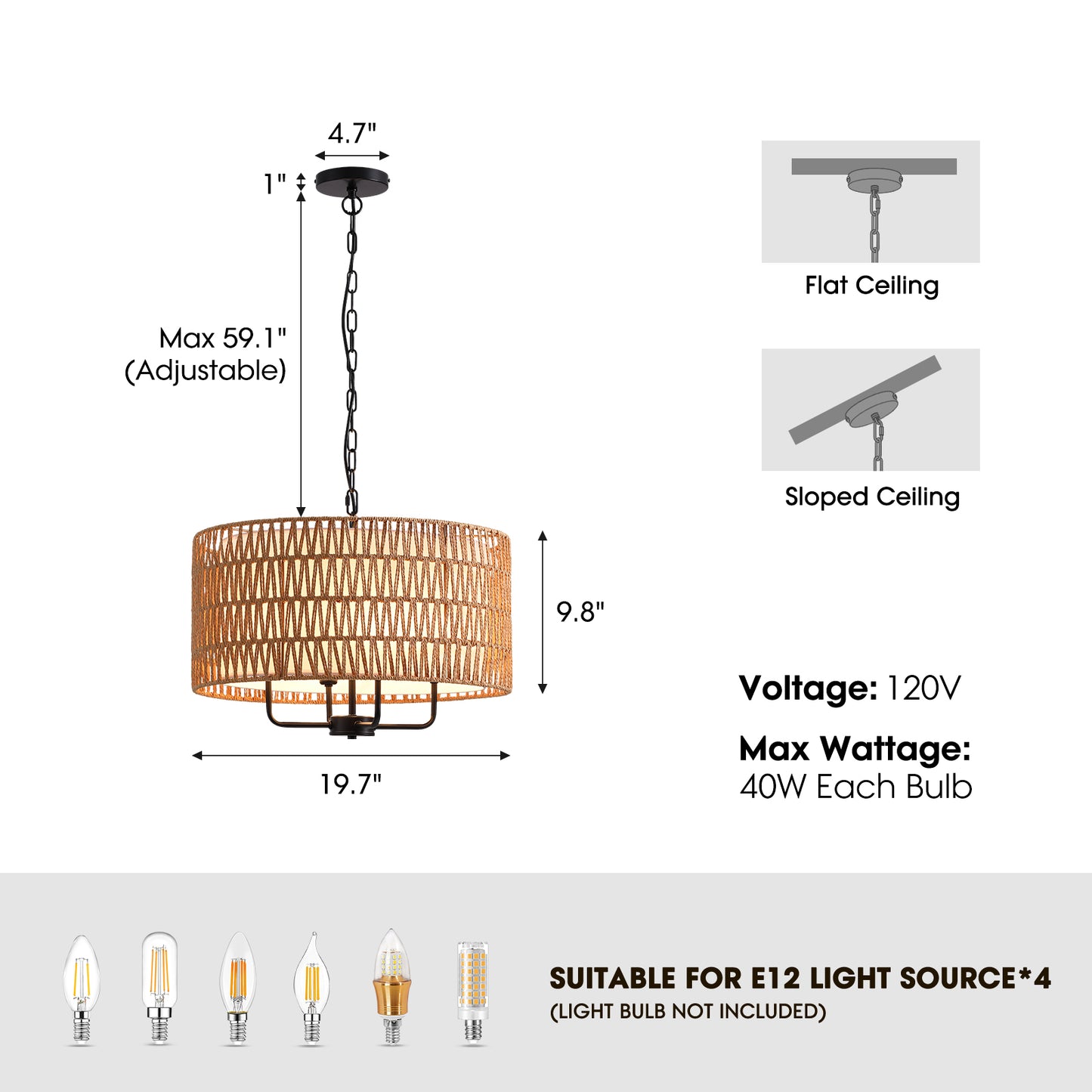 Boho 4 Lights Black Rattan Woven Drum Pendant Light Farmhouse Hanging Chandelier for Dining Room with no bulbs included