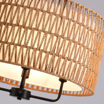 Boho 4 Lights Black Rattan Woven Drum Pendant Light Farmhouse Hanging Chandelier for Dining Room with no bulbs included