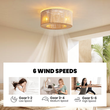 18in Rattan Ceiling Fan with Lights&Remote Bohemian Flush Mount Fandelier for Nursery No Bulbs