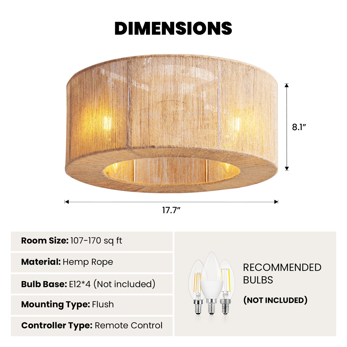 18in Rattan Ceiling Fan with Lights&Remote Bohemian Flush Mount Fandelier for Nursery No Bulbs