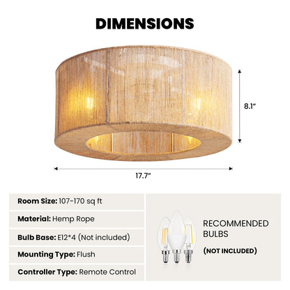 18in Rattan Ceiling Fan with Lights&Remote Bohemian Flush Mount Fandelier for Nursery No Bulbs