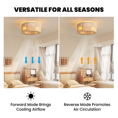 18in Rattan Ceiling Fan with Lights&Remote Bohemian Flush Mount Fandelier for Nursery No Bulbs