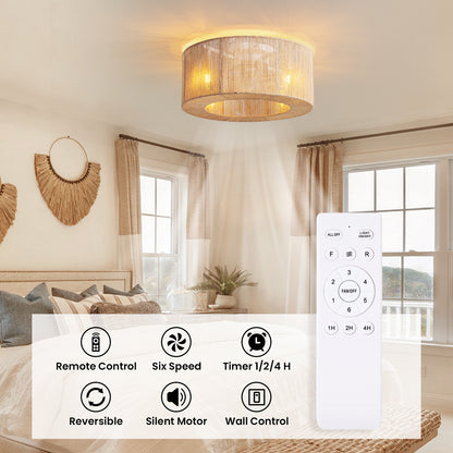 18in Rattan Ceiling Fan with Lights&Remote Bohemian Flush Mount Fandelier for Nursery No Bulbs