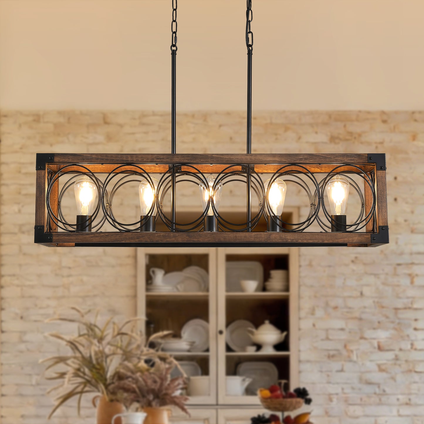 5-Light Black and Brown Rectangular Wood Cage Chandelier for Living Room, Kitchen and Dining Room(Bulbs Not Included)