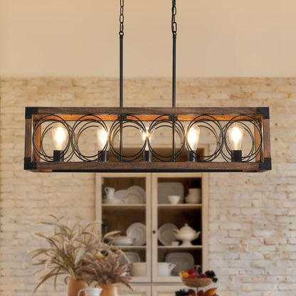 5-Light Black and Brown Rectangular Wood Cage Chandelier for Living Room, Kitchen and Dining Room(Bulbs Not Included)