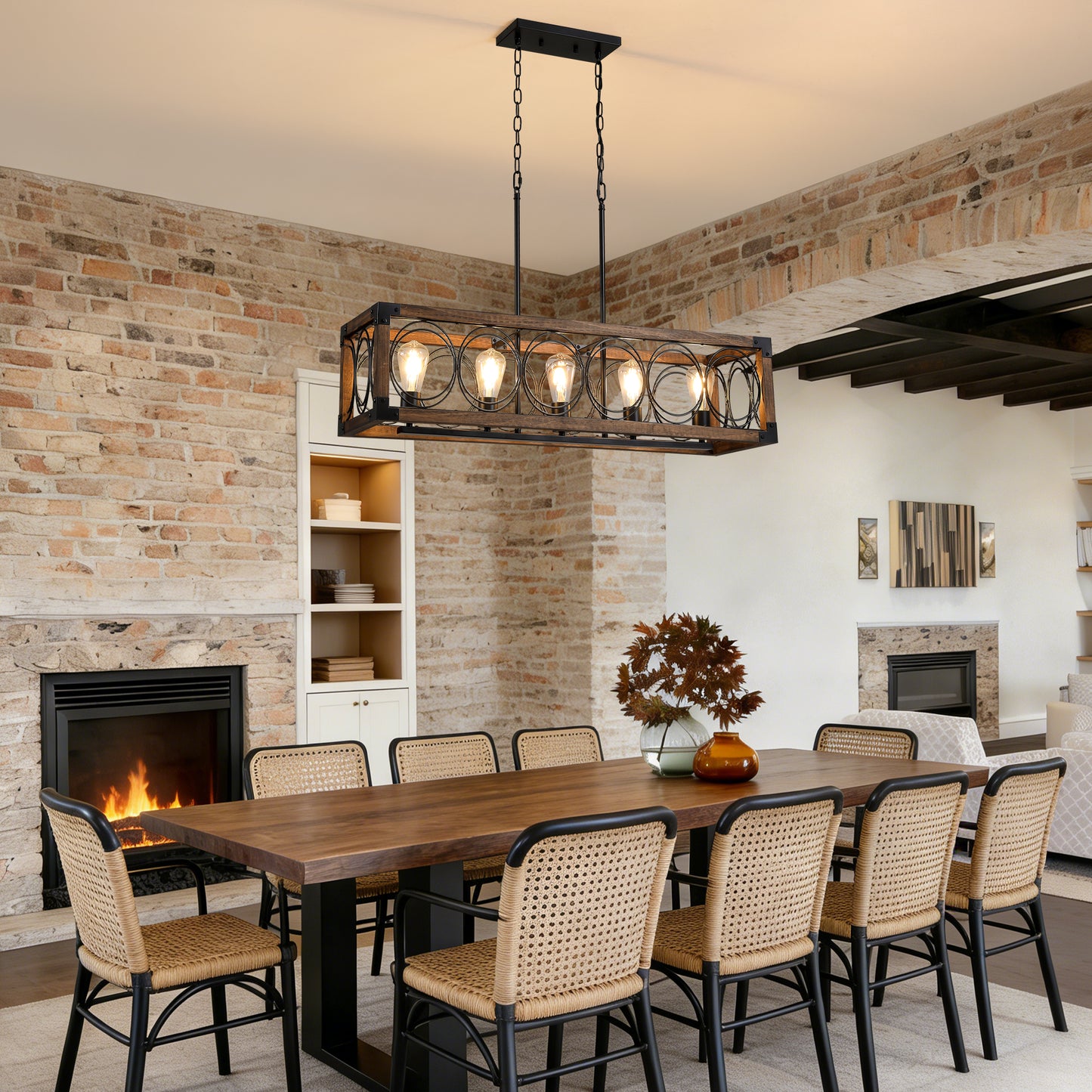 5-Light Black and Brown Rectangular Wood Cage Chandelier for Living Room, Kitchen and Dining Room(Bulbs Not Included)