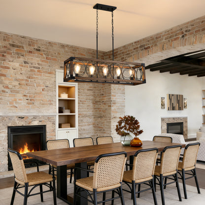 5-Light Black and Brown Rectangular Wood Cage Chandelier for Living Room, Kitchen and Dining Room(Bulbs Not Included)