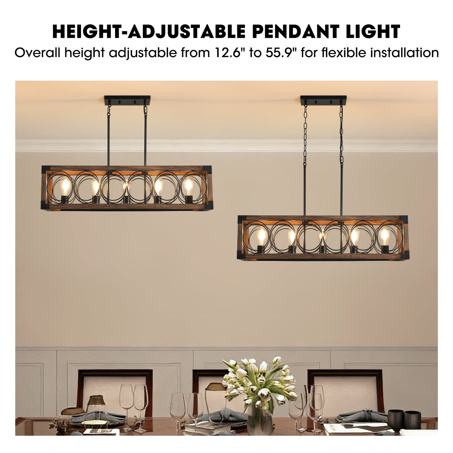 5-Light Black and Brown Rectangular Wood Cage Chandelier for Living Room, Kitchen and Dining Room(Bulbs Not Included)