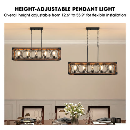 5-Light Black and Brown Rectangular Wood Cage Chandelier for Living Room, Kitchen and Dining Room(Bulbs Not Included)