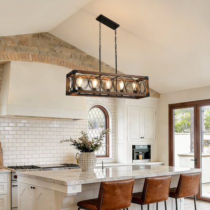 5-Light Black and Brown Rectangular Wood Cage Chandelier for Living Room, Kitchen and Dining Room(Bulbs Not Included)