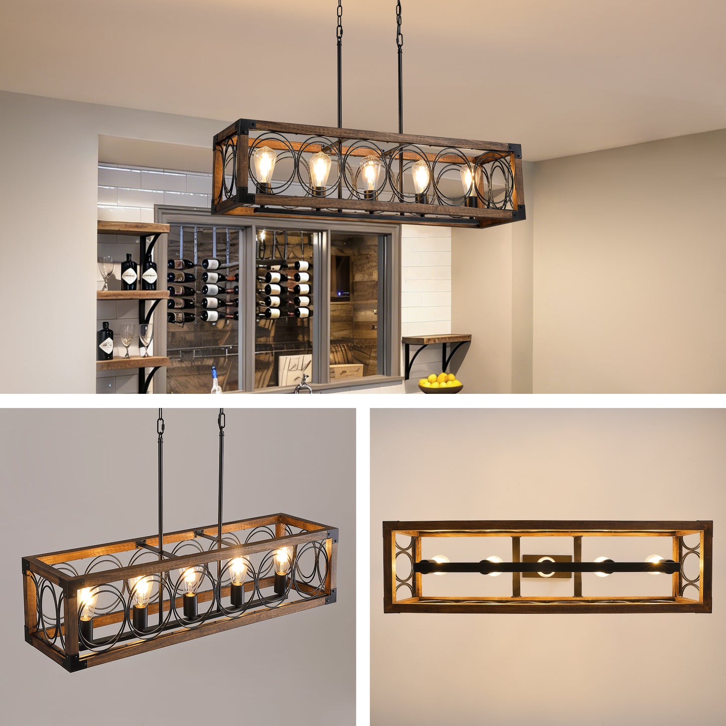 5-Light Black and Brown Rectangular Wood Cage Chandelier for Living Room, Kitchen and Dining Room(Bulbs Not Included)