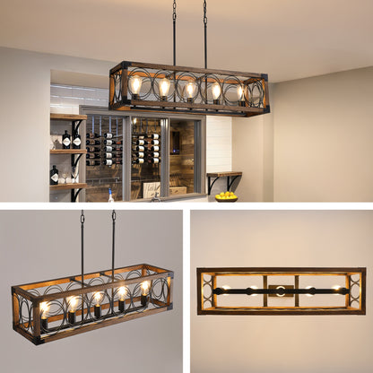 5-Light Black and Brown Rectangular Wood Cage Chandelier for Living Room, Kitchen and Dining Room(Bulbs Not Included)