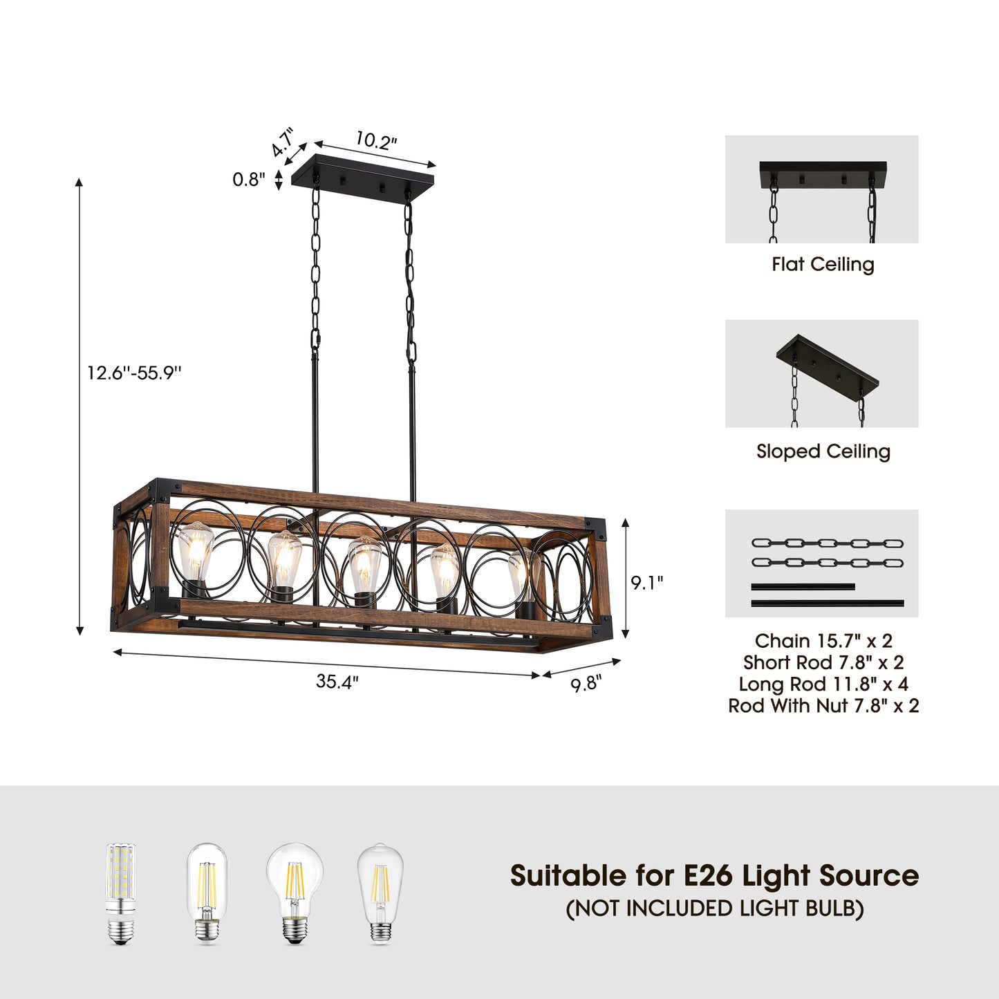 5-Light Black and Brown Rectangular Wood Cage Chandelier for Living Room, Kitchen and Dining Room(Bulbs Not Included)