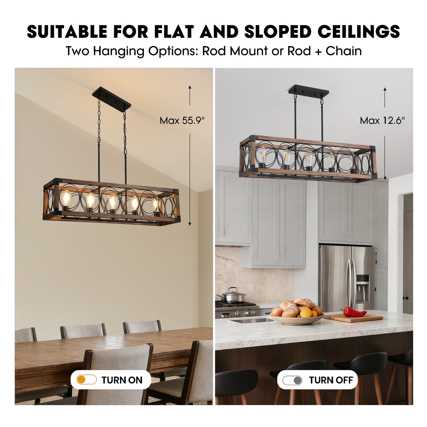 5-Light Black and Brown Rectangular Wood Cage Chandelier for Living Room, Kitchen and Dining Room(Bulbs Not Included)