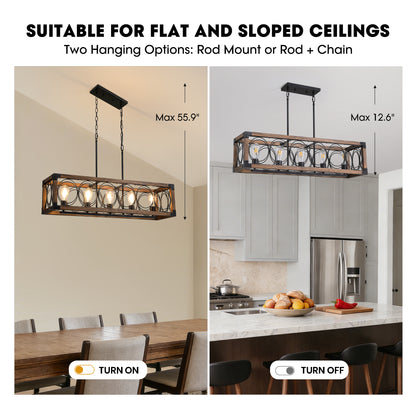 5-Light Black and Brown Rectangular Wood Cage Chandelier for Living Room, Kitchen and Dining Room(Bulbs Not Included)