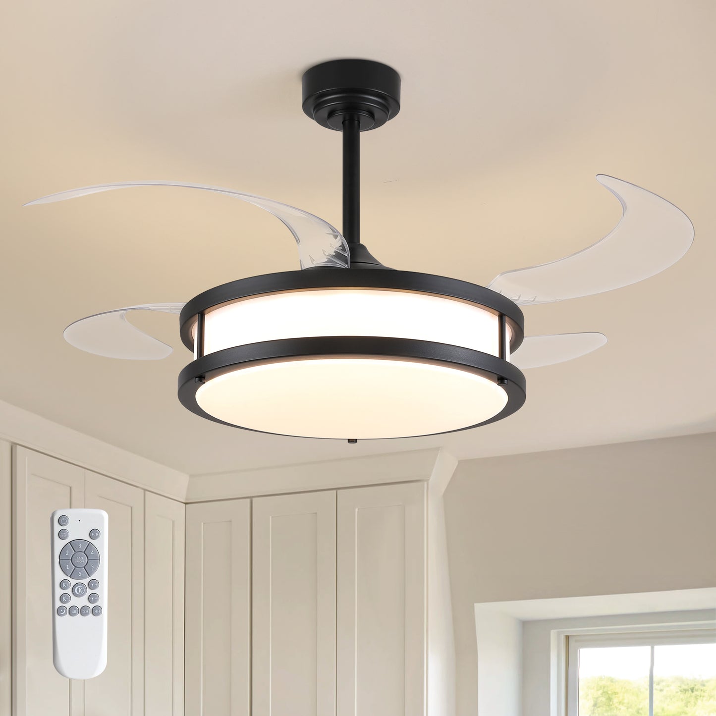 48in Indoor Downrod Mount Modern Black Retractable Dimmable Fandelier Ceiling Fan with Remote