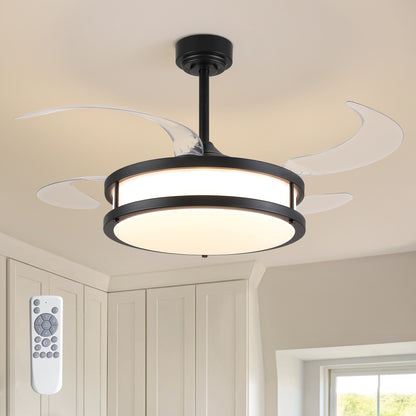 48in Indoor Downrod Mount Modern Black Retractable Dimmable Fandelier Ceiling Fan with Remote