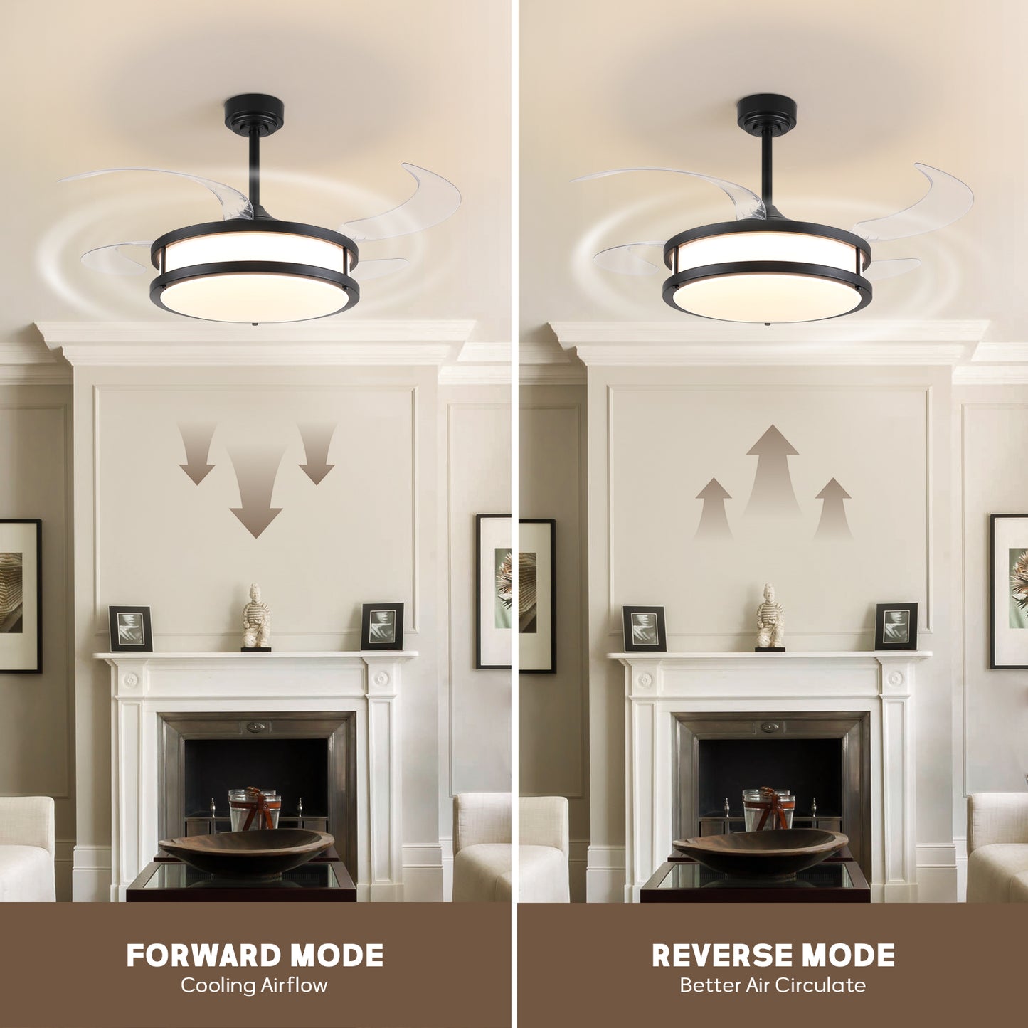 48in Indoor Downrod Mount Modern Black Retractable Dimmable Fandelier Ceiling Fan with Remote