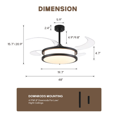 48in Indoor Downrod Mount Modern Black Retractable Dimmable Fandelier Ceiling Fan with Remote