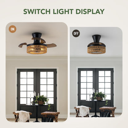 28in Retractable Ceiling Fan with Light Flush Mount Caged Boho Fandelier Remote Control