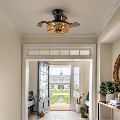 28in Retractable Ceiling Fan with Light Flush Mount Caged Boho Fandelier Remote Control