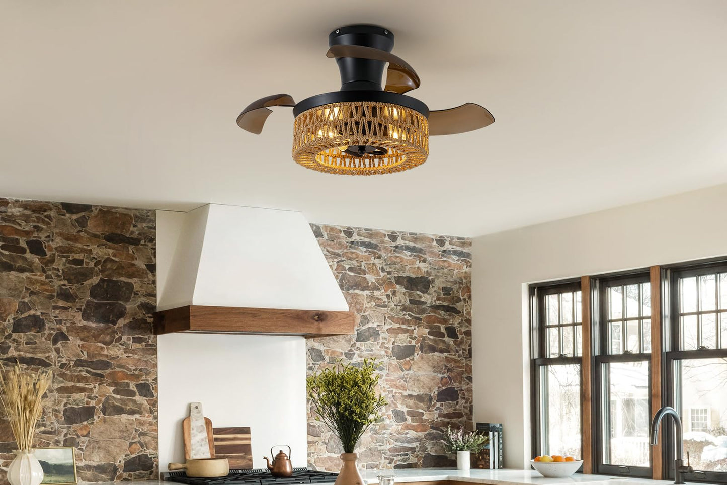 28in Retractable Ceiling Fan with Light Flush Mount Caged Boho Fandelier Remote Control