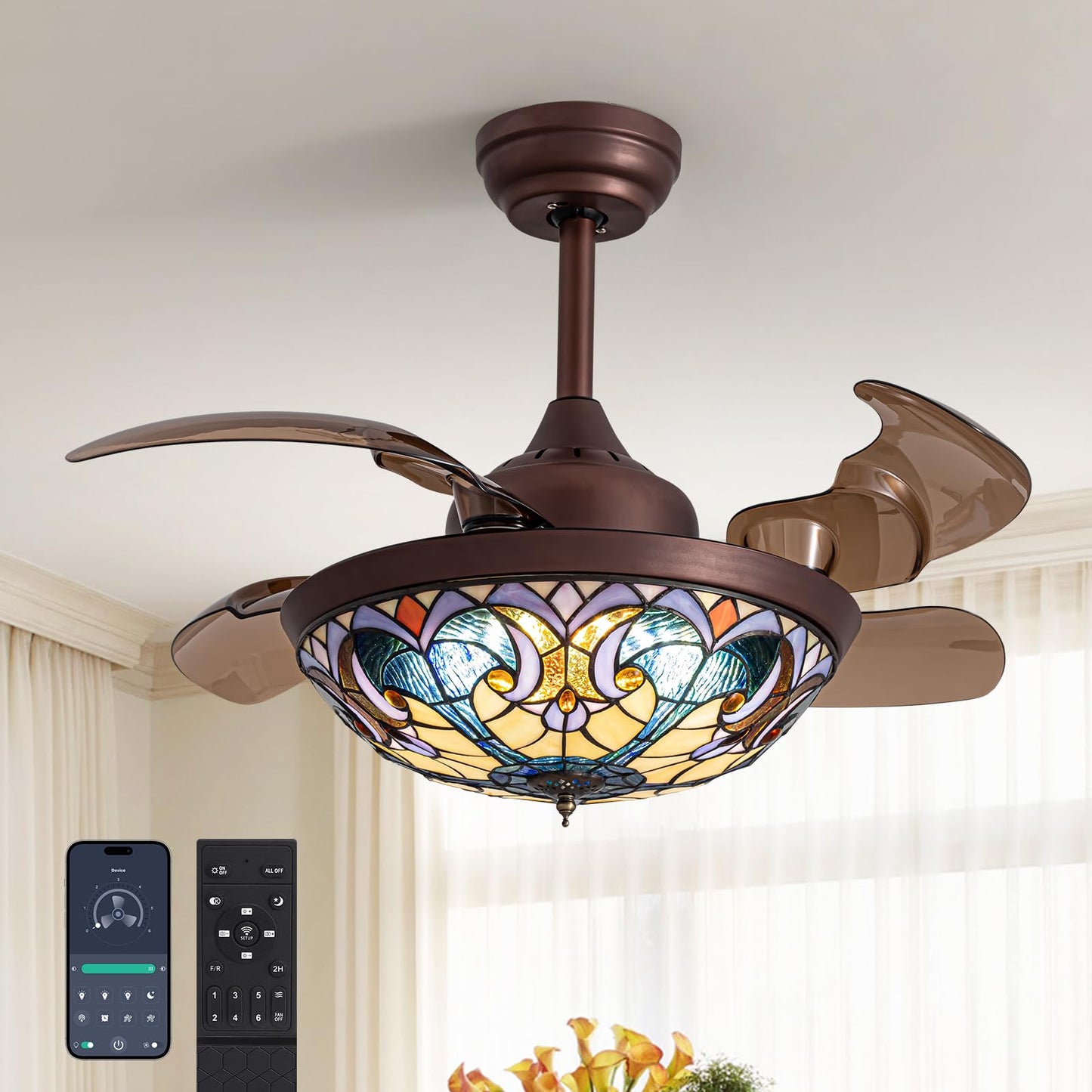 36 in. Indoor Downrod Mount Coffee Tiffany Glass Retractable Ceiling Fan Fandelier with Integrated LED and Remote/APP