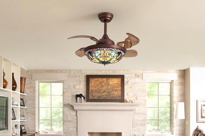 36 in. Indoor Downrod Mount Coffee Tiffany Glass Retractable Ceiling Fan Fandelier with Integrated LED and Remote/APP