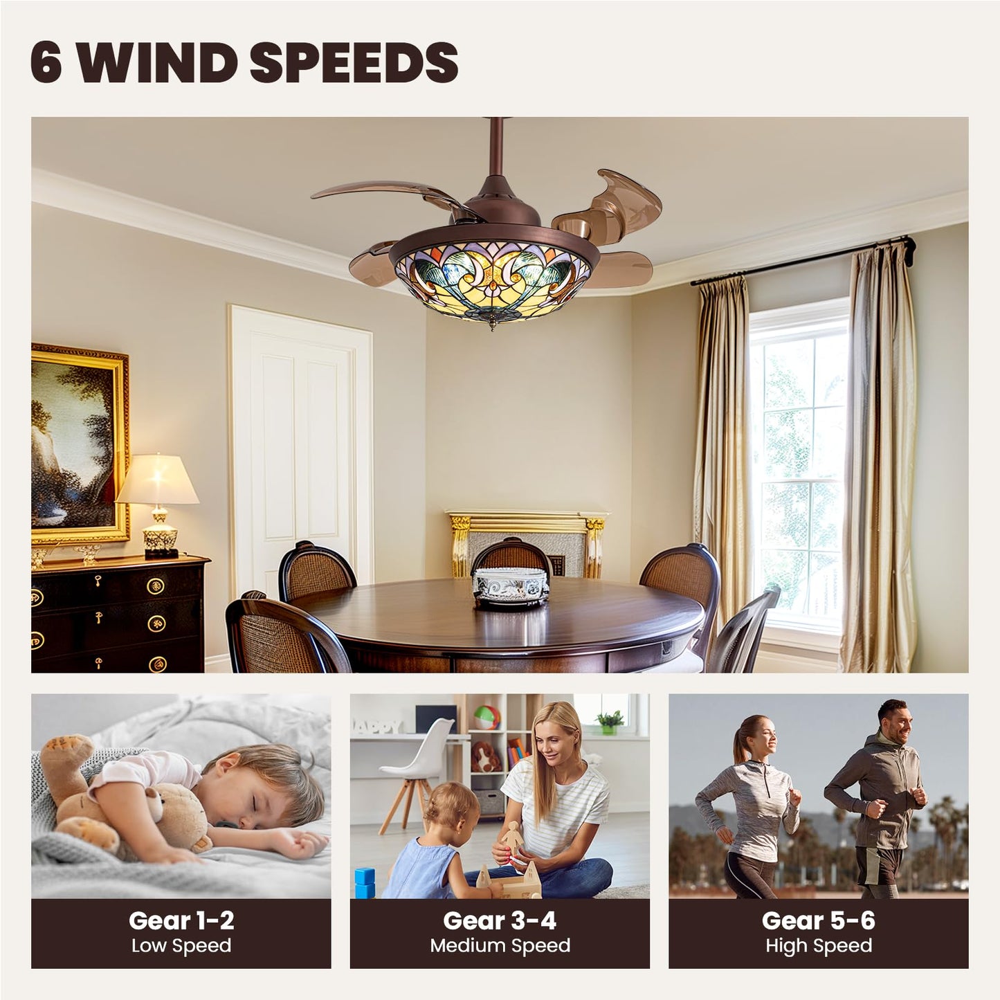36 in. Indoor Downrod Mount Coffee Tiffany Glass Retractable Ceiling Fan Fandelier with Integrated LED and Remote/APP