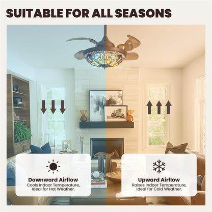36 in. Indoor Downrod Mount Coffee Tiffany Glass Retractable Ceiling Fan Fandelier with Integrated LED and Remote/APP