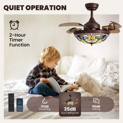 36 in. Indoor Downrod Mount Coffee Tiffany Glass Retractable Ceiling Fan Fandelier with Integrated LED and Remote/APP