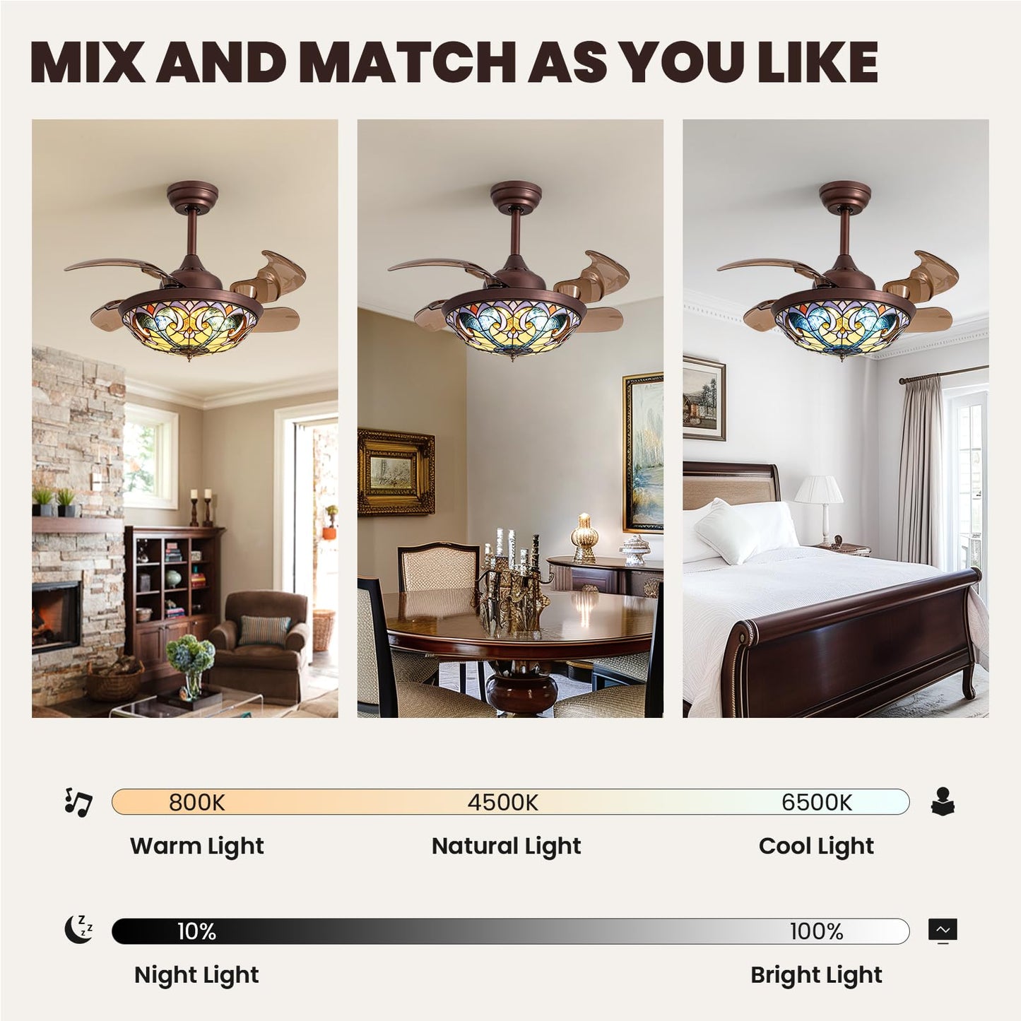 36 in. Indoor Downrod Mount Coffee Tiffany Glass Retractable Ceiling Fan Fandelier with Integrated LED and Remote/APP