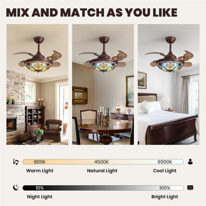 36 in. Indoor Downrod Mount Coffee Tiffany Glass Retractable Ceiling Fan Fandelier with Integrated LED and Remote/APP
