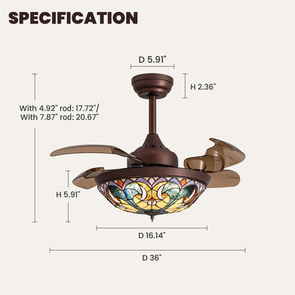 36 in. Indoor Downrod Mount Coffee Tiffany Glass Retractable Ceiling Fan Fandelier with Integrated LED and Remote/APP