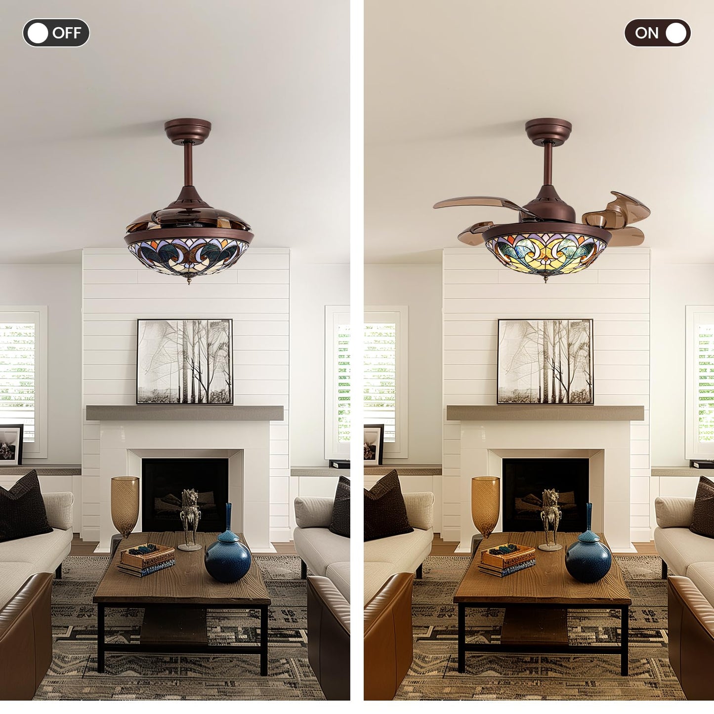 36 in. Indoor Downrod Mount Coffee Tiffany Glass Retractable Ceiling Fan Fandelier with Integrated LED and Remote/APP