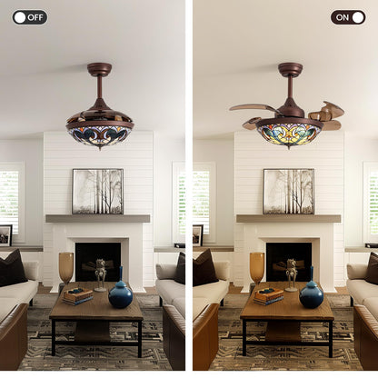 36 in. Indoor Downrod Mount Coffee Tiffany Glass Retractable Ceiling Fan Fandelier with Integrated LED and Remote/APP