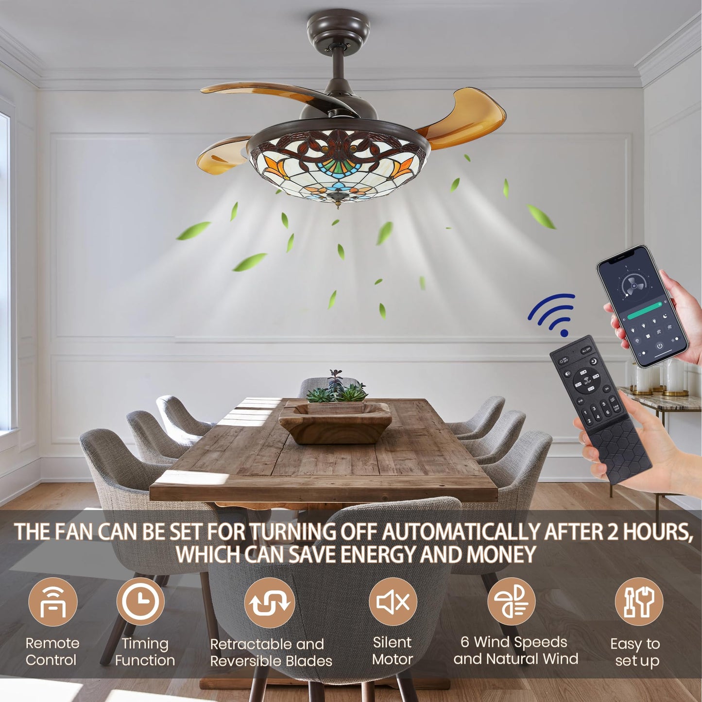 36 in. Downrod Mount Indoor Smart Brown Tiffany Stained Glass Fandelier Retractable Ceiling Fan with Integrated LED