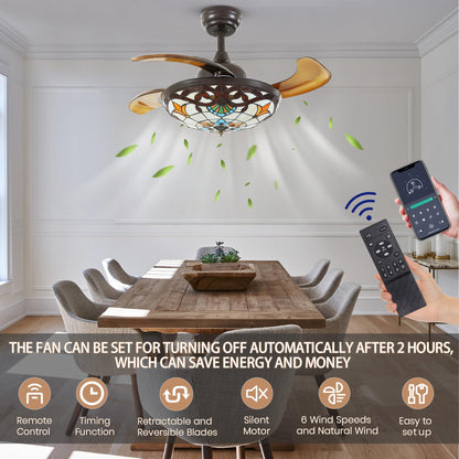 36 in. Downrod Mount Indoor Smart Brown Tiffany Stained Glass Fandelier Retractable Ceiling Fan with Integrated LED