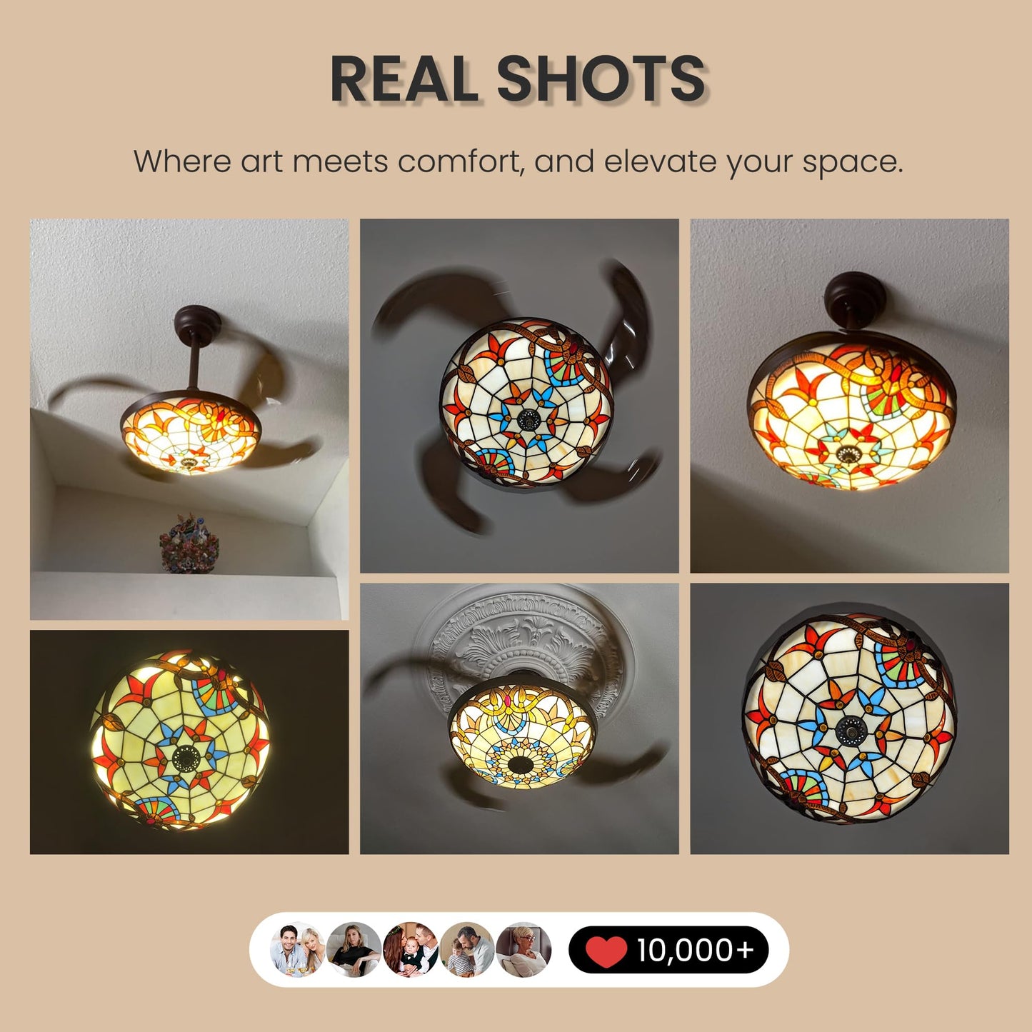 36 in. Downrod Mount Indoor Smart Brown Tiffany Stained Glass Fandelier Retractable Ceiling Fan with Integrated LED