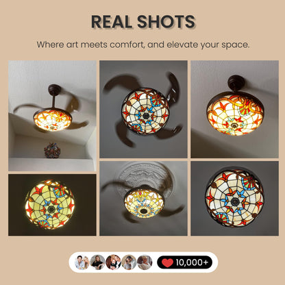 36 in. Downrod Mount Indoor Smart Brown Tiffany Stained Glass Fandelier Retractable Ceiling Fan with Integrated LED