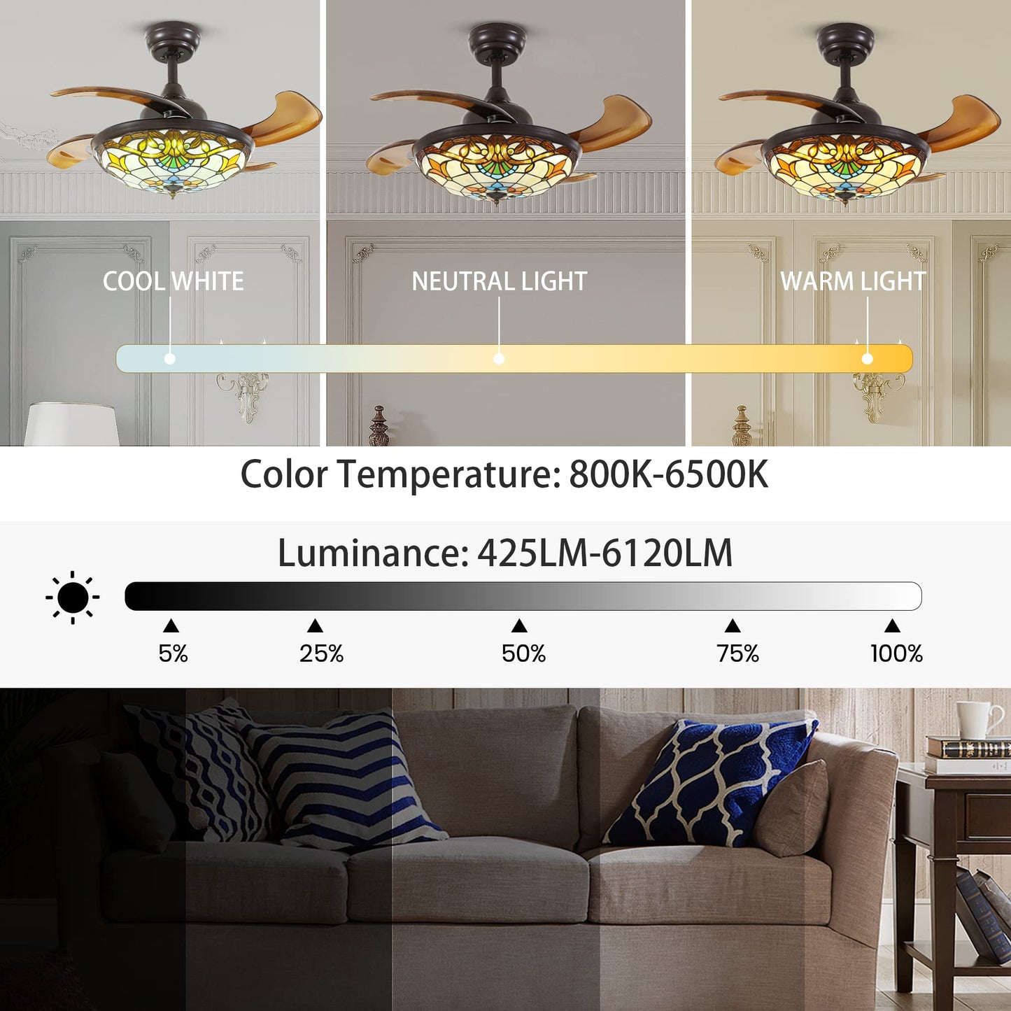 36 in. Downrod Mount Indoor Smart Brown Tiffany Stained Glass Fandelier Retractable Ceiling Fan with Integrated LED